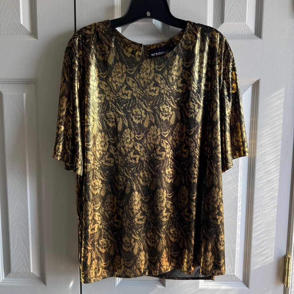 Notations Gold Black Metallic Brocade Top Plus Size 2X